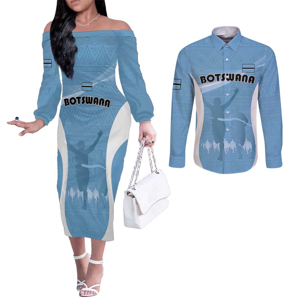 Personalized Botswana Athletics Couples Matching Off The Shoulder Long Sleeve Dress and Long Sleeve Button Shirt Go Champions Go - Wonder Print Shop