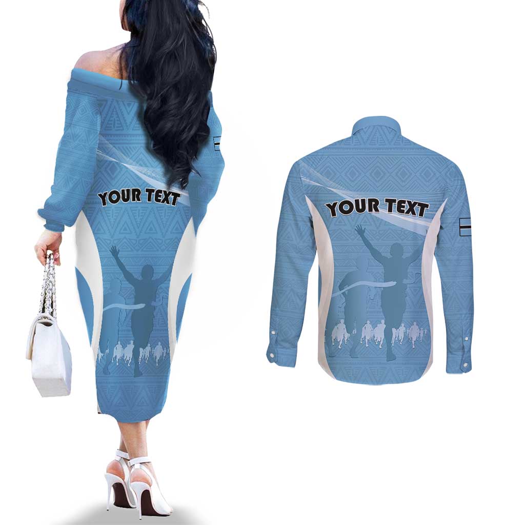 Personalized Botswana Athletics Couples Matching Off The Shoulder Long Sleeve Dress and Long Sleeve Button Shirt Go Champions Go - Wonder Print Shop