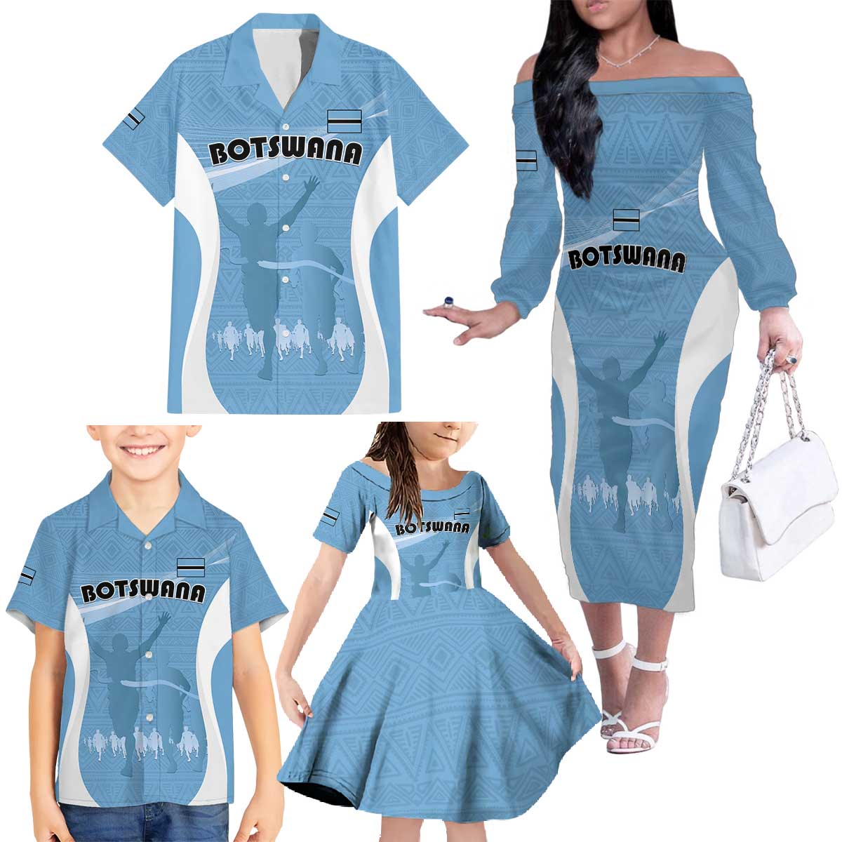 Personalized Botswana Athletics Family Matching Off The Shoulder Long Sleeve Dress and Hawaiian Shirt Go Champions Go - Wonder Print Shop