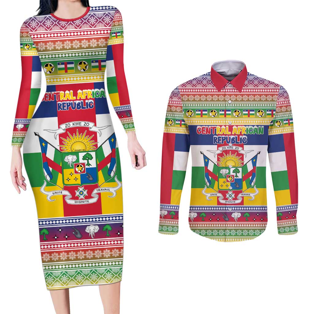 Central African Republic Christmas Couples Matching Long Sleeve Bodycon Dress and Long Sleeve Button Shirt Joyeux Noel - Wonder Print Shop