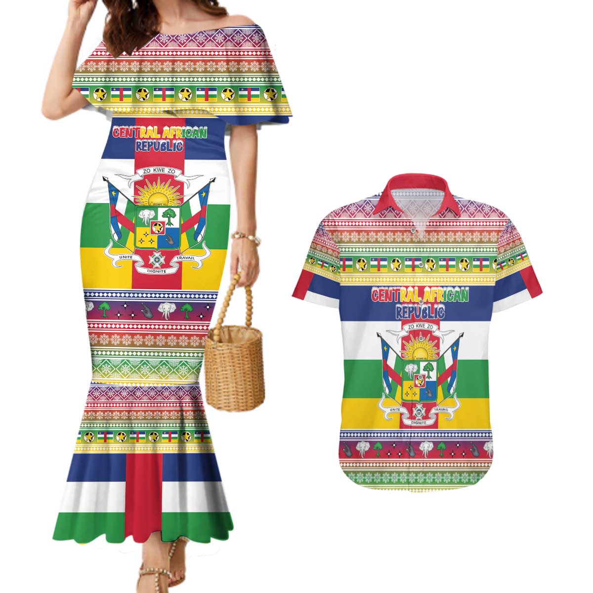 Central African Republic Christmas Couples Matching Mermaid Dress and Hawaiian Shirt Joyeux Noel - Wonder Print Shop