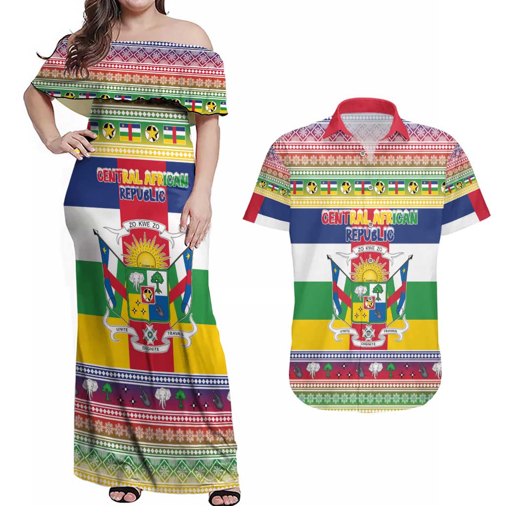 Central African Republic Christmas Couples Matching Off Shoulder Maxi Dress and Hawaiian Shirt Joyeux Noel - Wonder Print Shop