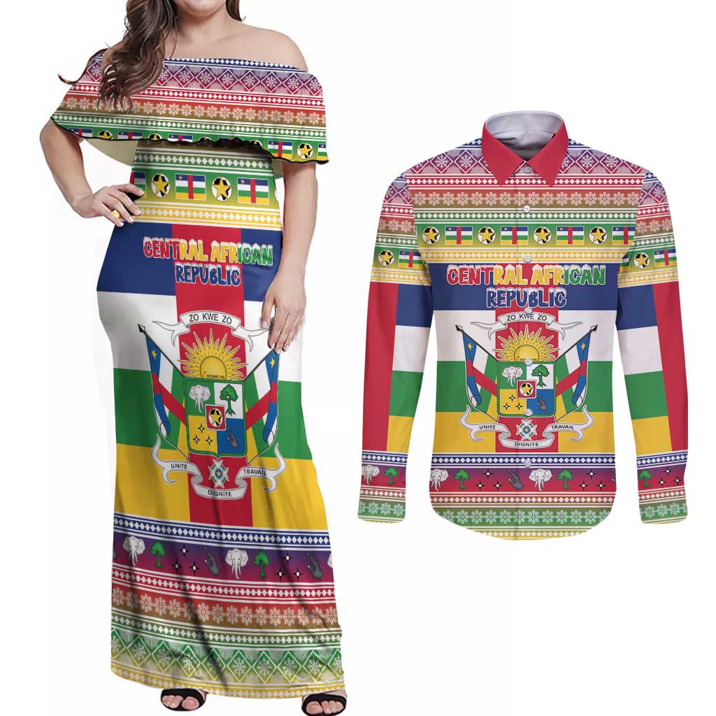 Central African Republic Christmas Couples Matching Off Shoulder Maxi Dress and Long Sleeve Button Shirt Joyeux Noel - Wonder Print Shop