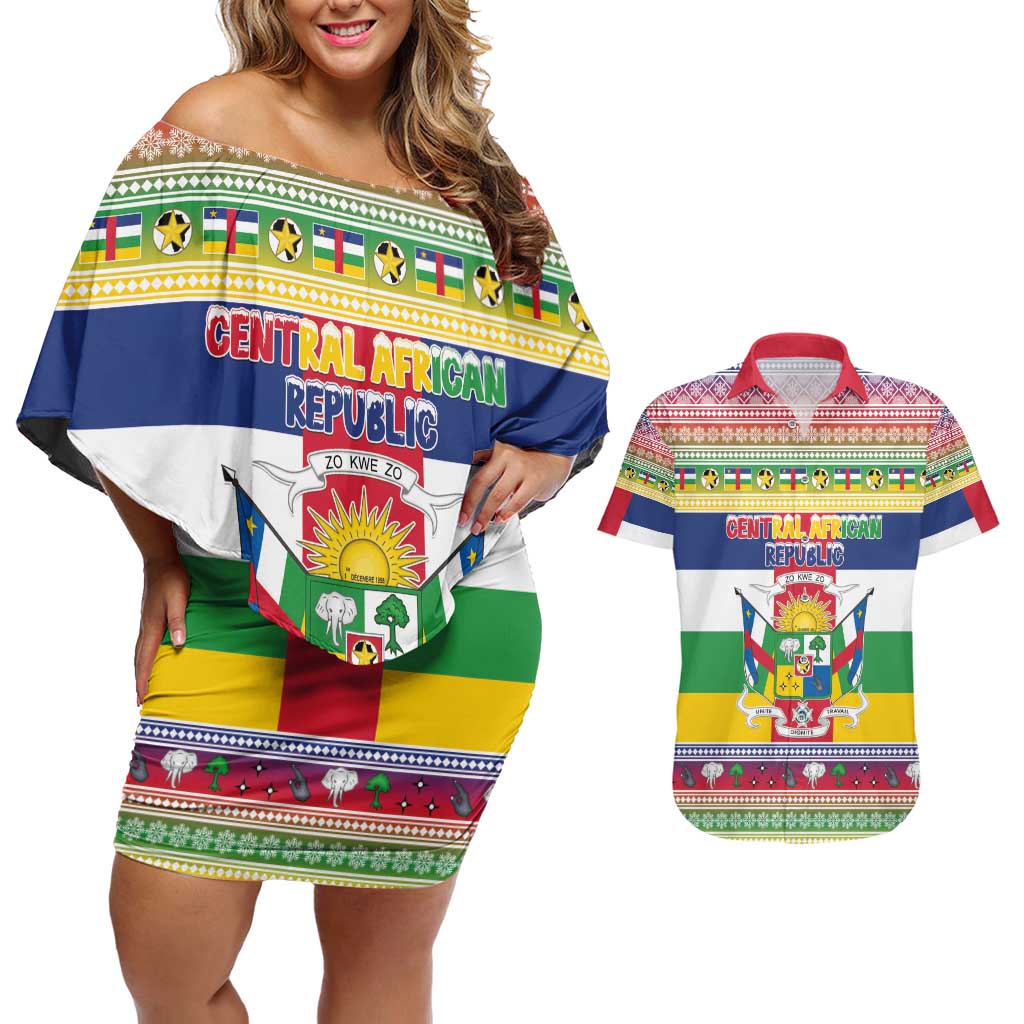 Central African Republic Christmas Couples Matching Off Shoulder Short Dress and Hawaiian Shirt Joyeux Noel - Wonder Print Shop