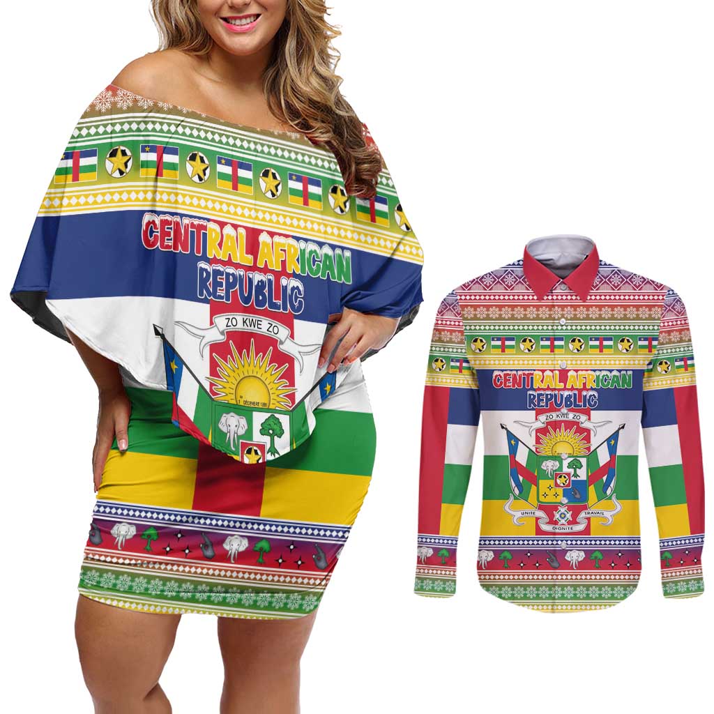 Central African Republic Christmas Couples Matching Off Shoulder Short Dress and Long Sleeve Button Shirt Joyeux Noel - Wonder Print Shop