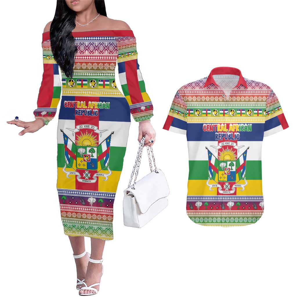 Central African Republic Christmas Couples Matching Off The Shoulder Long Sleeve Dress and Hawaiian Shirt Joyeux Noel - Wonder Print Shop