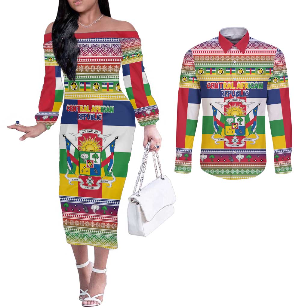 Central African Republic Christmas Couples Matching Off The Shoulder Long Sleeve Dress and Long Sleeve Button Shirt Joyeux Noel - Wonder Print Shop