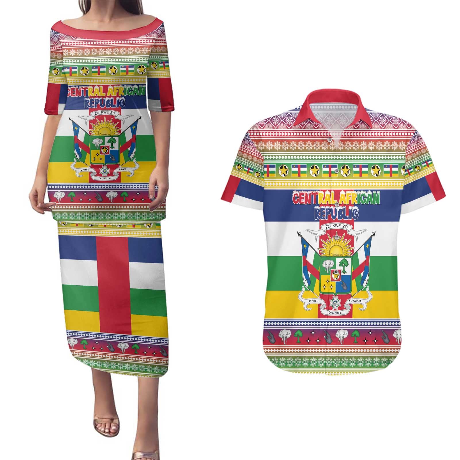 Central African Republic Christmas Couples Matching Puletasi and Hawaiian Shirt Joyeux Noel - Wonder Print Shop