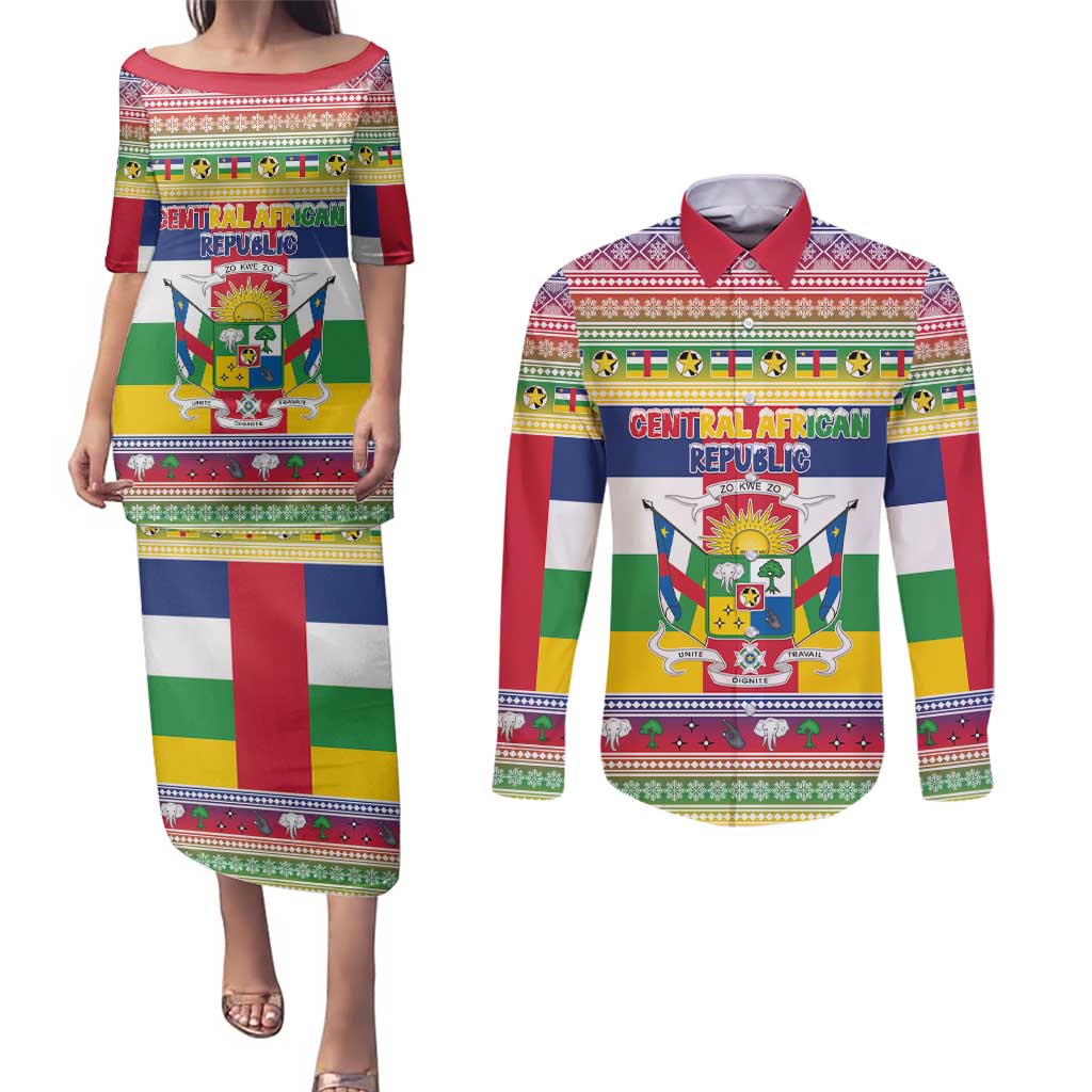 Central African Republic Christmas Couples Matching Puletasi and Long Sleeve Button Shirt Joyeux Noel - Wonder Print Shop