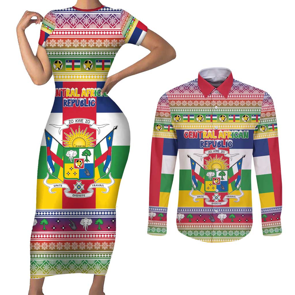 Central African Republic Christmas Couples Matching Short Sleeve Bodycon Dress and Long Sleeve Button Shirt Joyeux Noel - Wonder Print Shop