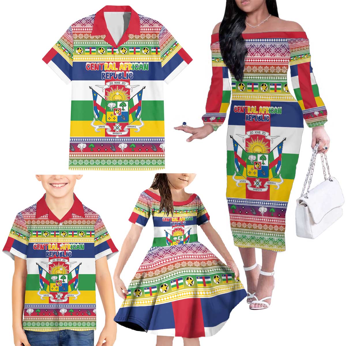 Central African Republic Christmas Family Matching Off The Shoulder Long Sleeve Dress and Hawaiian Shirt Joyeux Noel - Wonder Print Shop
