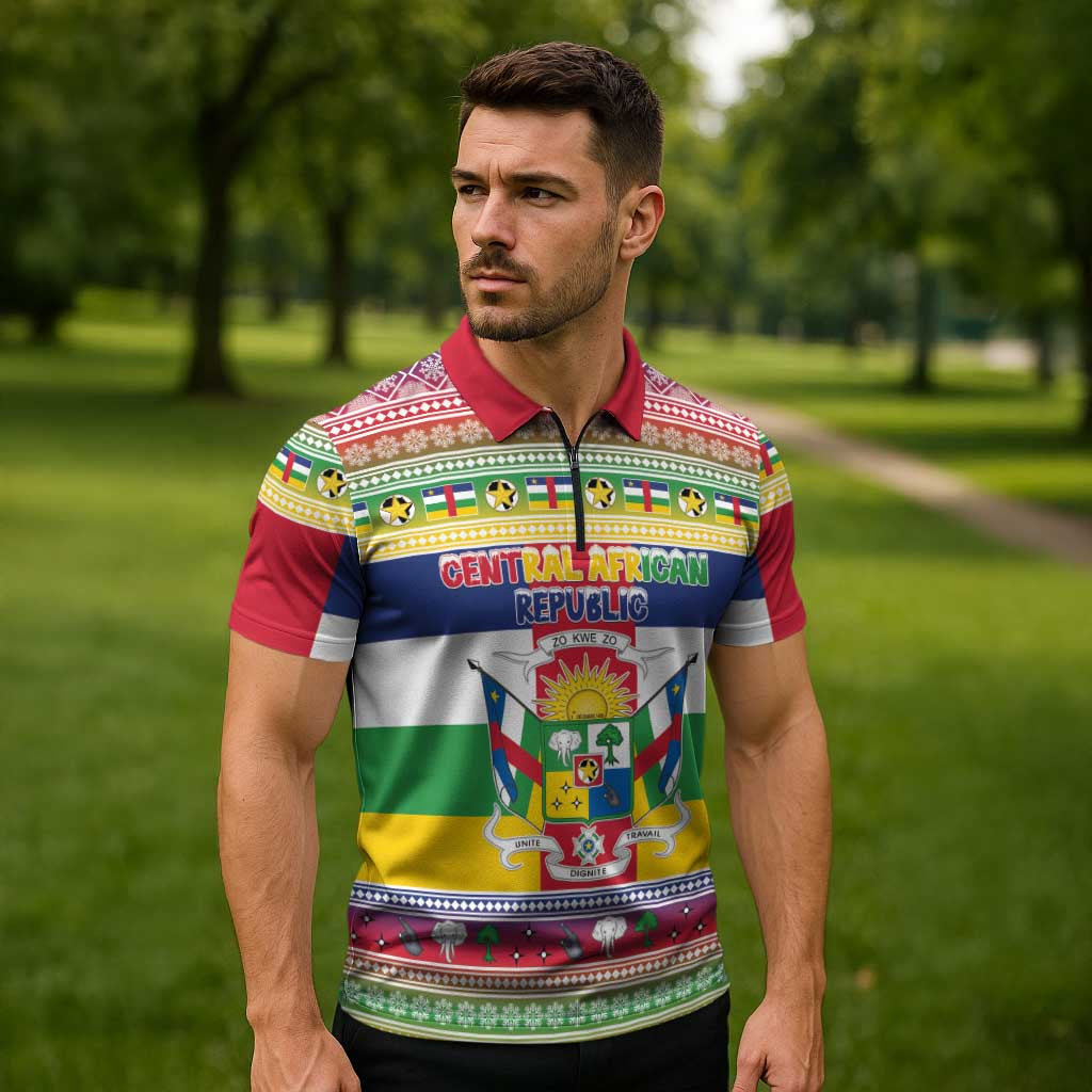 Central African Republic Christmas Zipper Polo Shirt Joyeux Noel - Wonder Print Shop