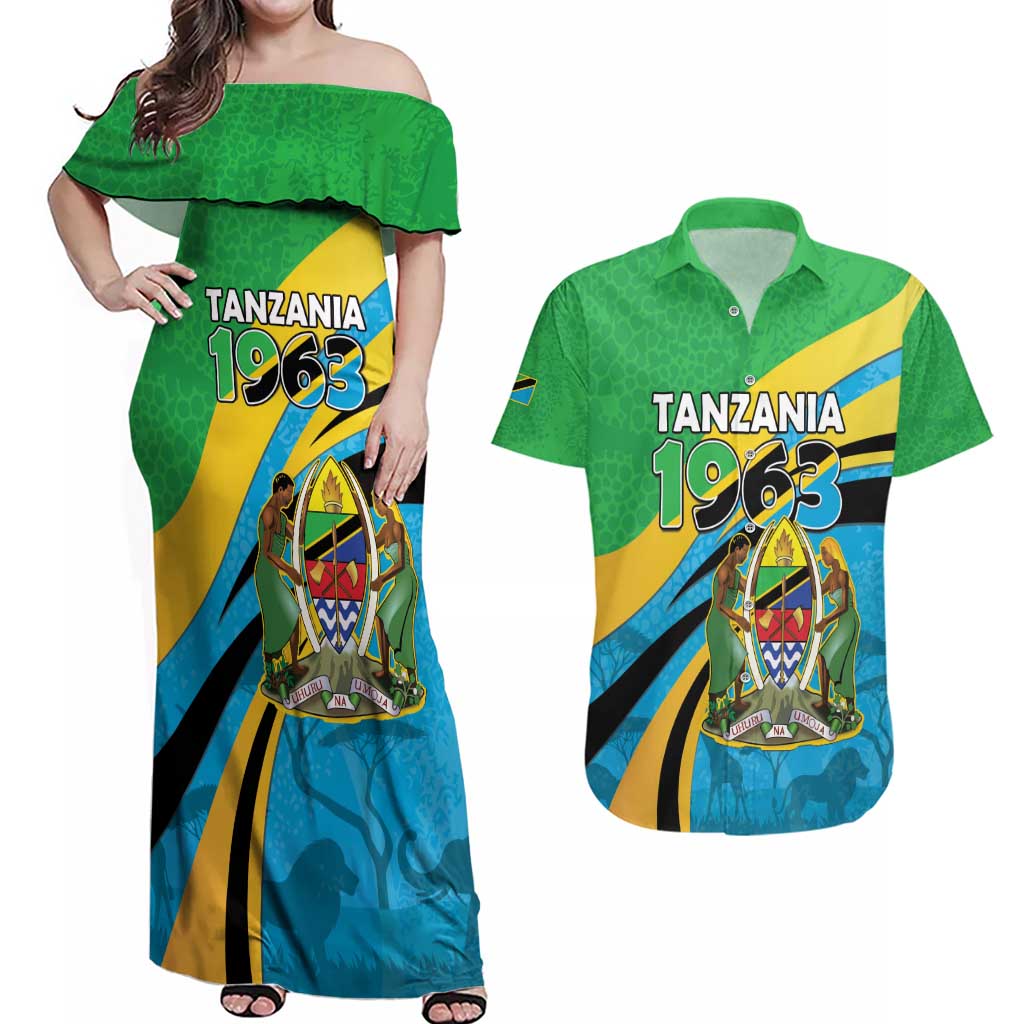 Personalized Tanzania 1963 Couples Matching Off Shoulder Maxi Dress and Hawaiian Shirt Happy Independence Day - Wonder Print Shop