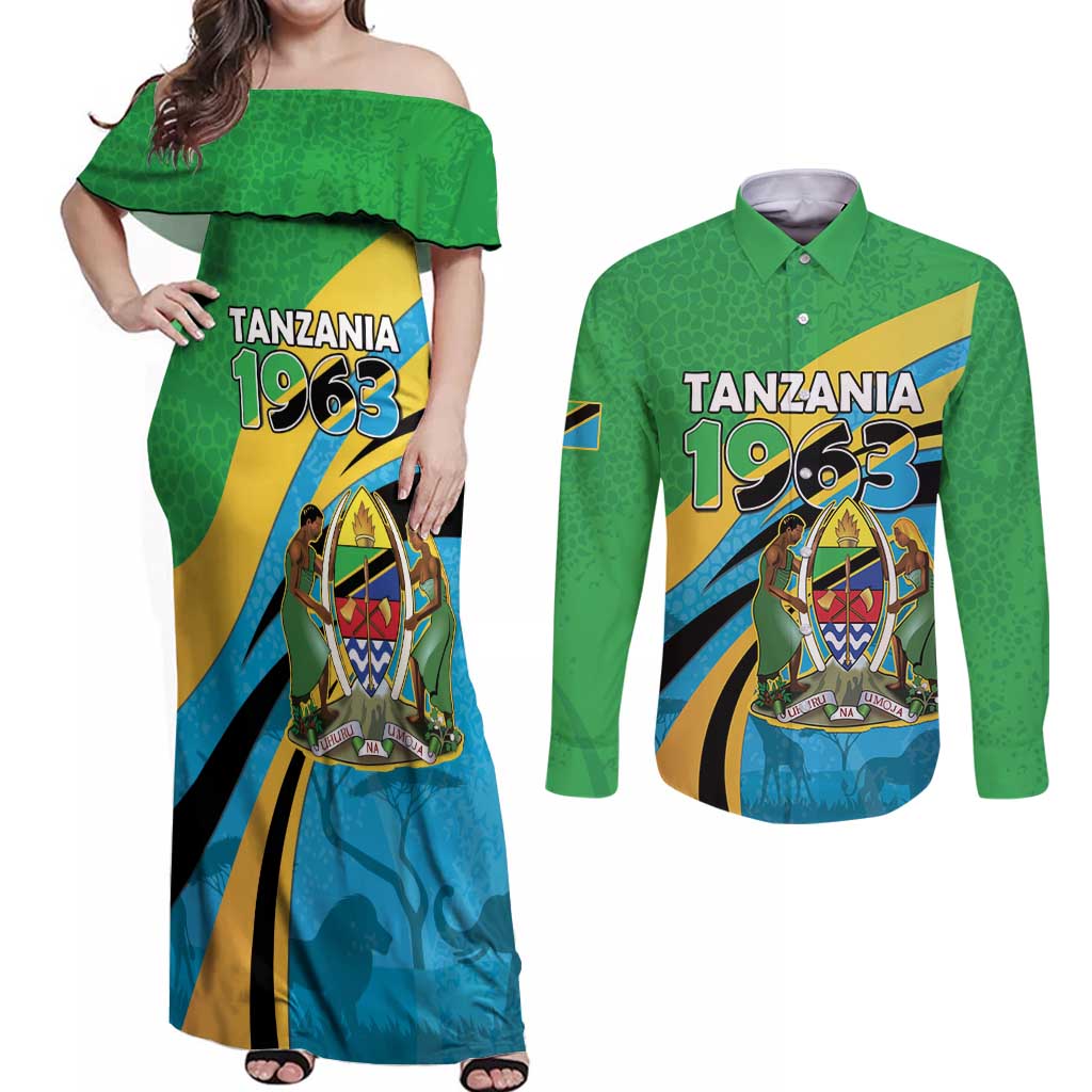 Personalized Tanzania 1963 Couples Matching Off Shoulder Maxi Dress and Long Sleeve Button Shirt Happy Independence Day - Wonder Print Shop