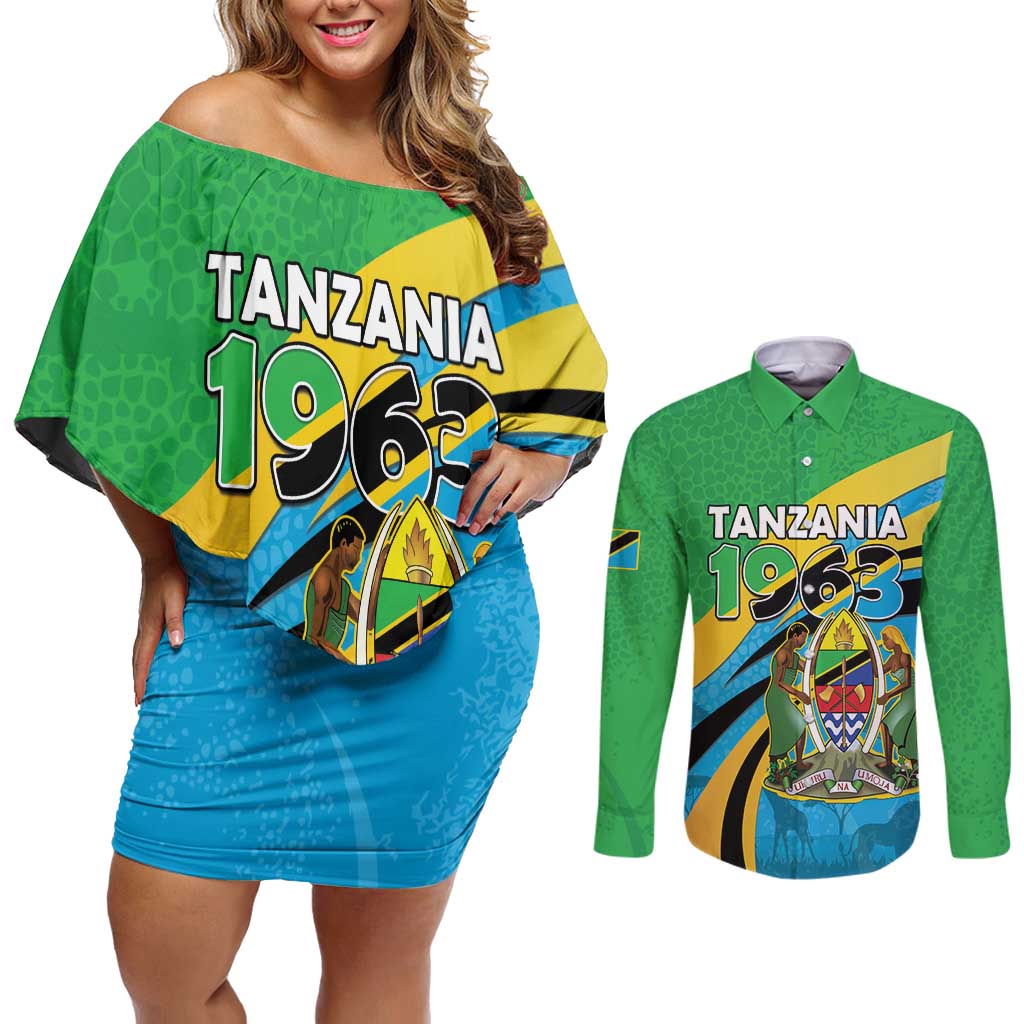 Personalized Tanzania 1963 Couples Matching Off Shoulder Short Dress and Long Sleeve Button Shirt Happy Independence Day - Wonder Print Shop