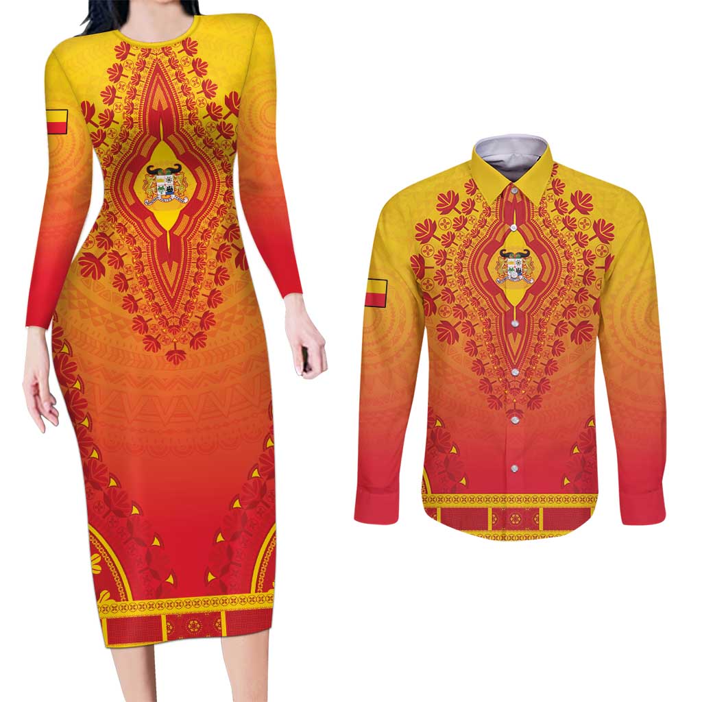 Personalized Benin African Dashiki Couples Matching Long Sleeve Bodycon Dress and Long Sleeve Button Shirt - Wonder Print Shop