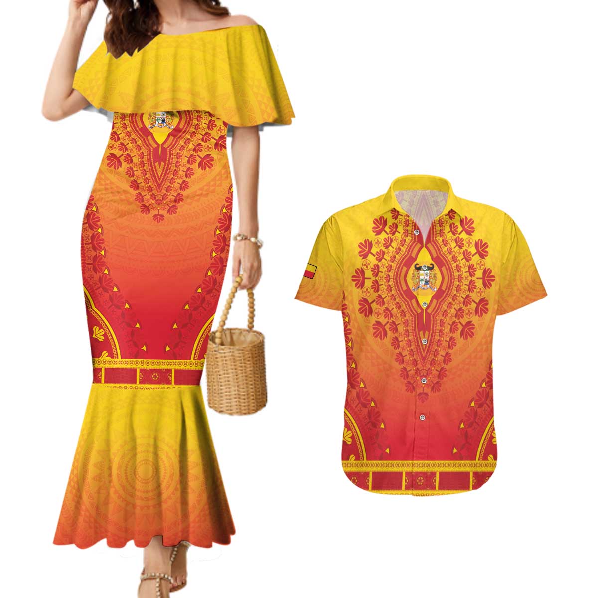Personalized Benin African Dashiki Couples Matching Mermaid Dress and Hawaiian Shirt - Wonder Print Shop