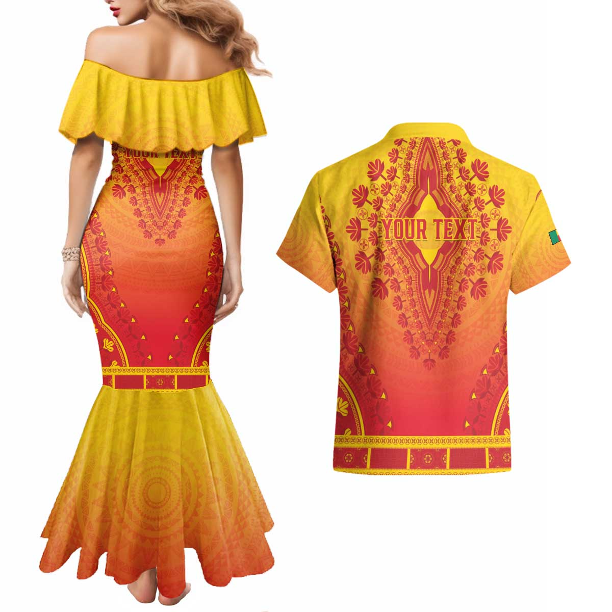 Personalized Benin African Dashiki Couples Matching Mermaid Dress and Hawaiian Shirt - Wonder Print Shop