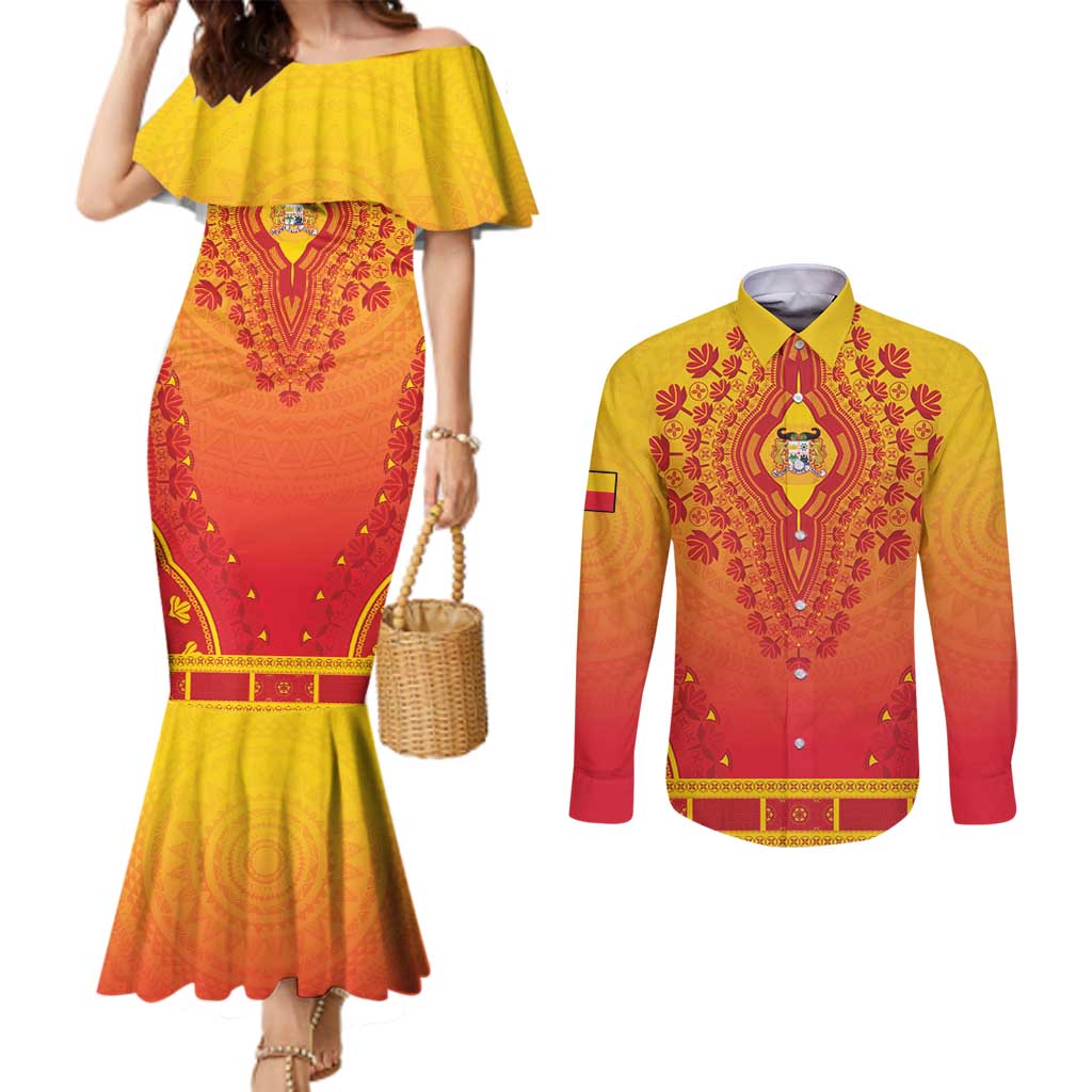 Personalized Benin African Dashiki Couples Matching Mermaid Dress and Long Sleeve Button Shirt - Wonder Print Shop