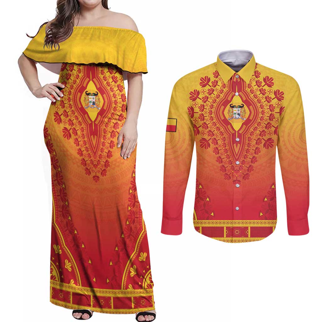 Personalized Benin African Dashiki Couples Matching Off Shoulder Maxi Dress and Long Sleeve Button Shirt - Wonder Print Shop