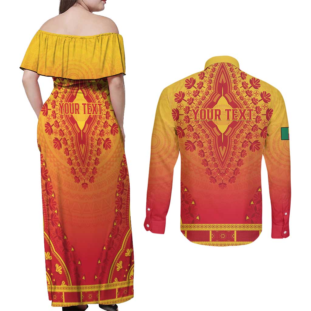 Personalized Benin African Dashiki Couples Matching Off Shoulder Maxi Dress and Long Sleeve Button Shirt - Wonder Print Shop
