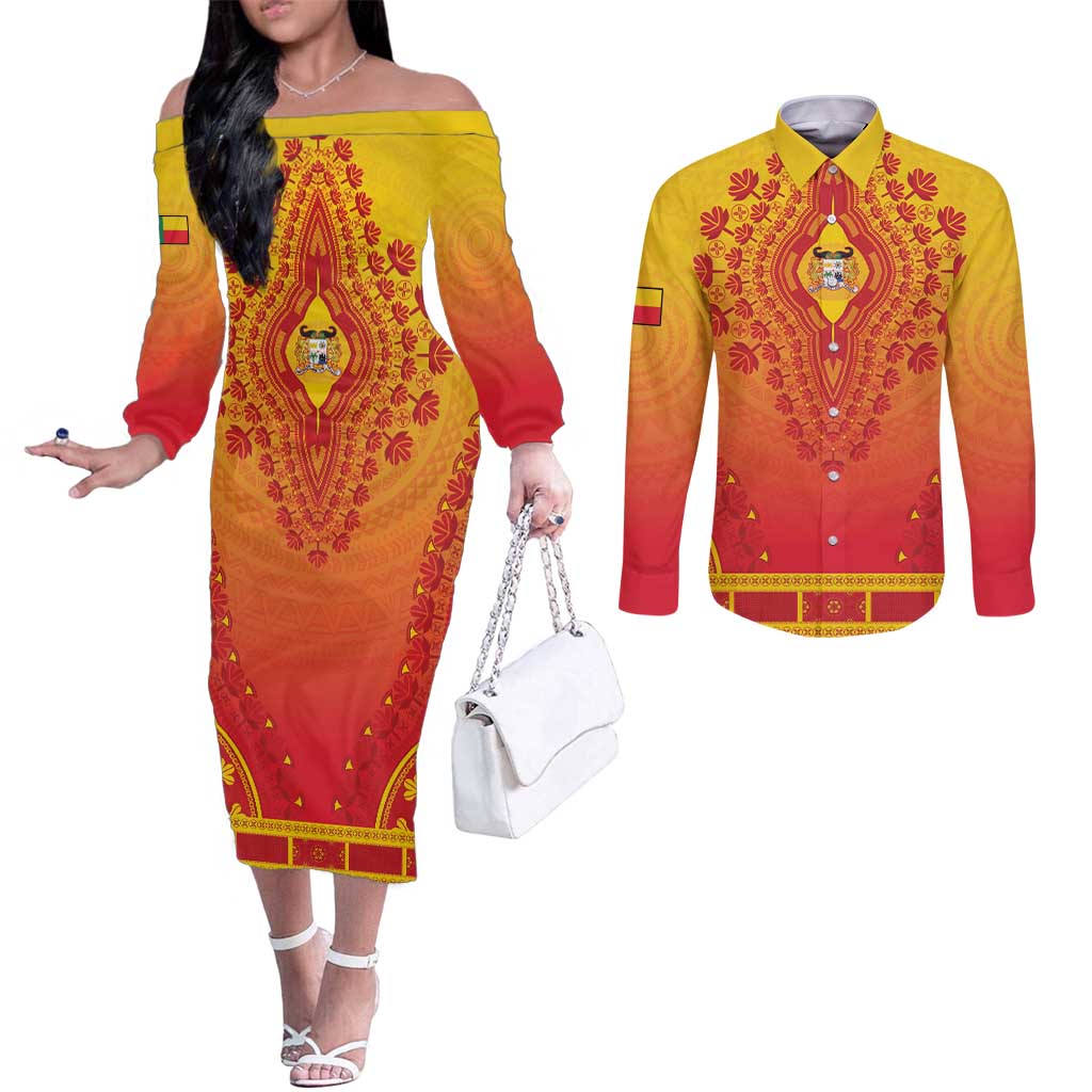 Personalized Benin African Dashiki Couples Matching Off The Shoulder Long Sleeve Dress and Long Sleeve Button Shirt - Wonder Print Shop
