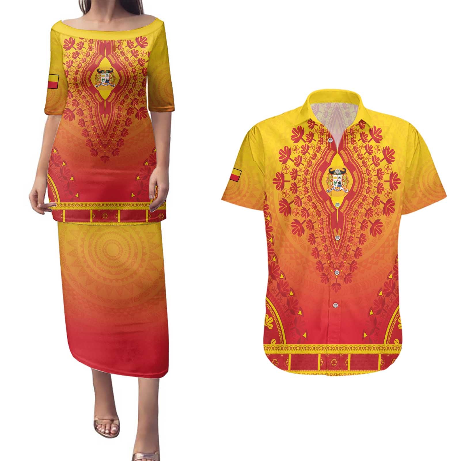 Personalized Benin African Dashiki Couples Matching Puletasi and Hawaiian Shirt - Wonder Print Shop