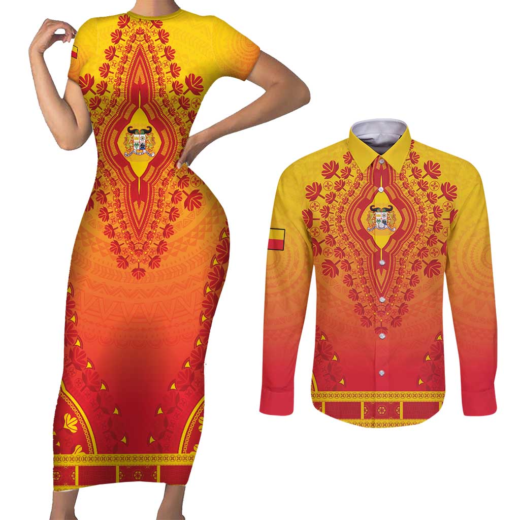 Personalized Benin African Dashiki Couples Matching Short Sleeve Bodycon Dress and Long Sleeve Button Shirt - Wonder Print Shop