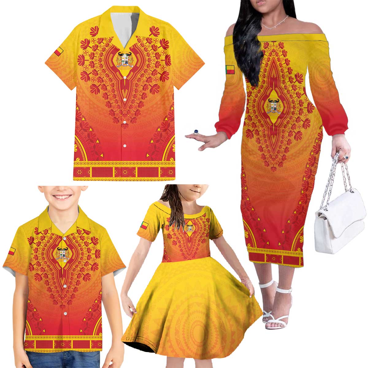 Personalized Benin African Dashiki Family Matching Off The Shoulder Long Sleeve Dress and Hawaiian Shirt - Wonder Print Shop