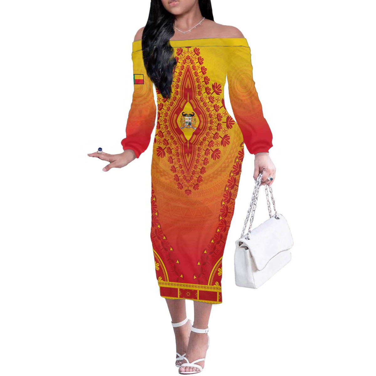Personalized Benin African Dashiki Off The Shoulder Long Sleeve Dress - Wonder Print Shop