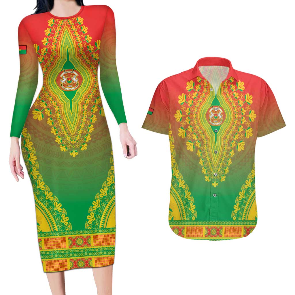 Personalized Burkina Faso African Dashiki Couples Matching Long Sleeve Bodycon Dress and Hawaiian Shirt - Wonder Print Shop
