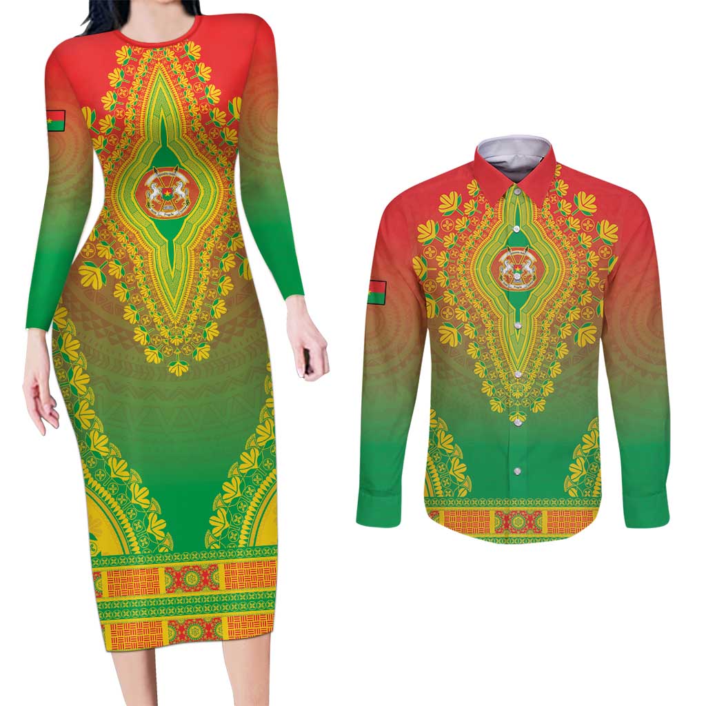 Personalized Burkina Faso African Dashiki Couples Matching Long Sleeve Bodycon Dress and Long Sleeve Button Shirt - Wonder Print Shop