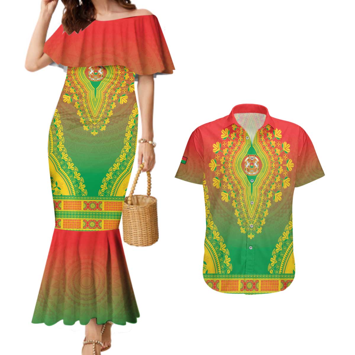 Personalized Burkina Faso African Dashiki Couples Matching Mermaid Dress and Hawaiian Shirt - Wonder Print Shop