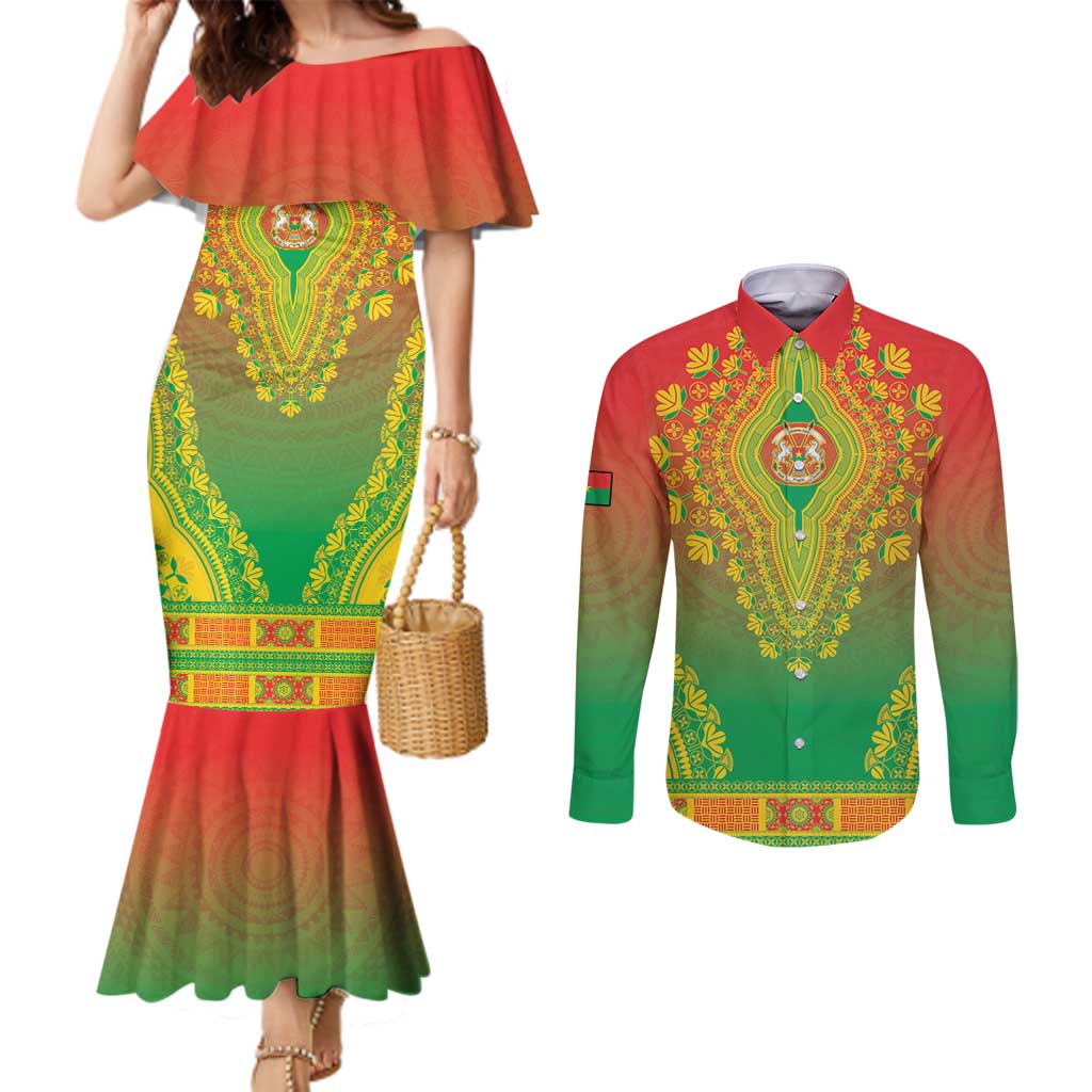 Personalized Burkina Faso African Dashiki Couples Matching Mermaid Dress and Long Sleeve Button Shirt - Wonder Print Shop
