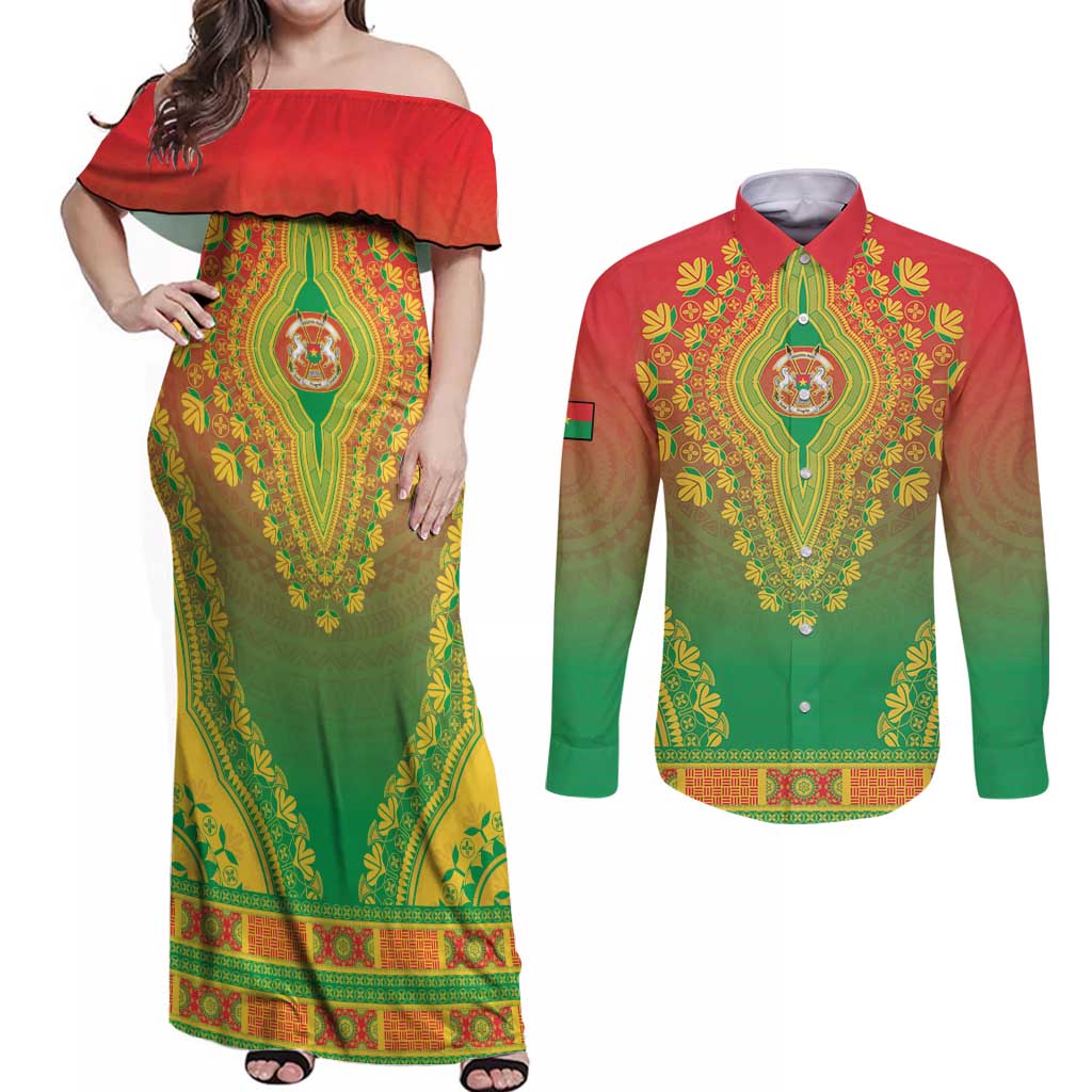 Personalized Burkina Faso African Dashiki Couples Matching Off Shoulder Maxi Dress and Long Sleeve Button Shirt - Wonder Print Shop