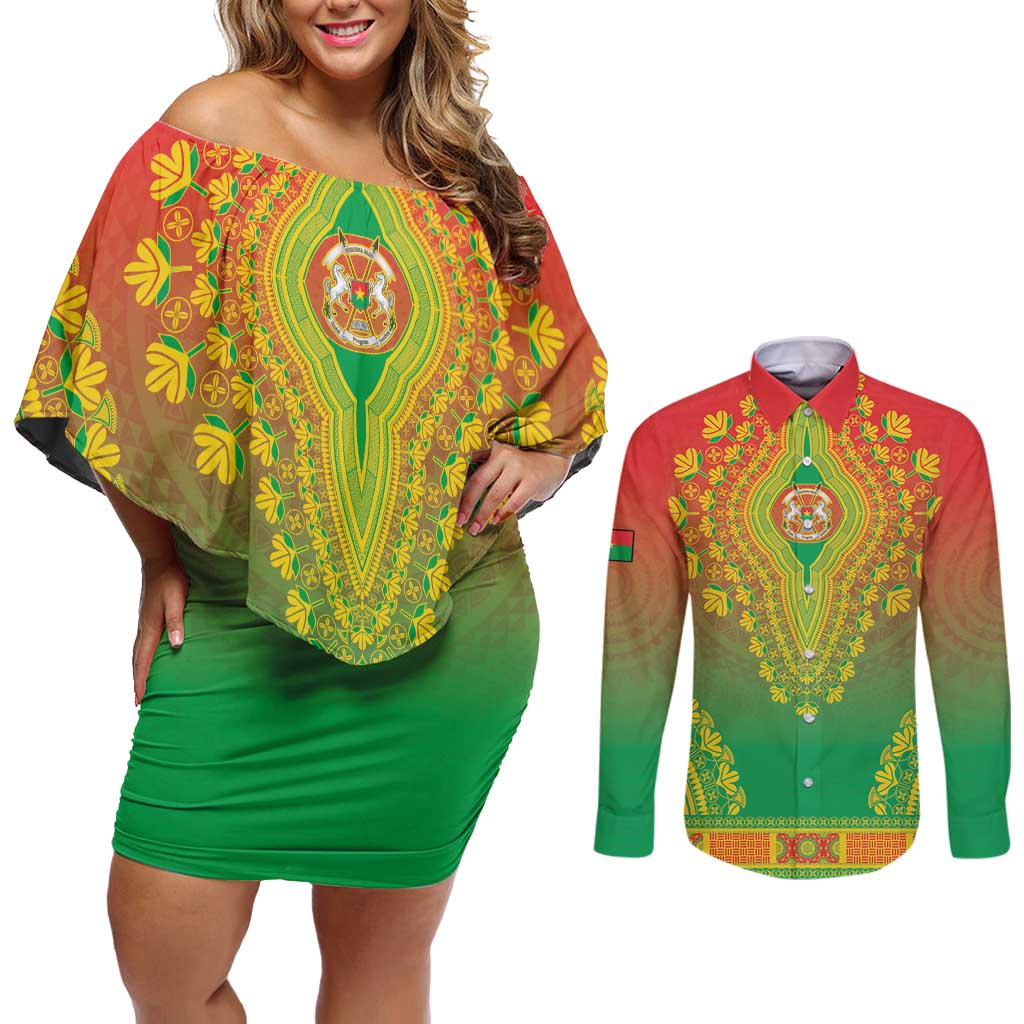 Personalized Burkina Faso African Dashiki Couples Matching Off Shoulder Short Dress and Long Sleeve Button Shirt - Wonder Print Shop