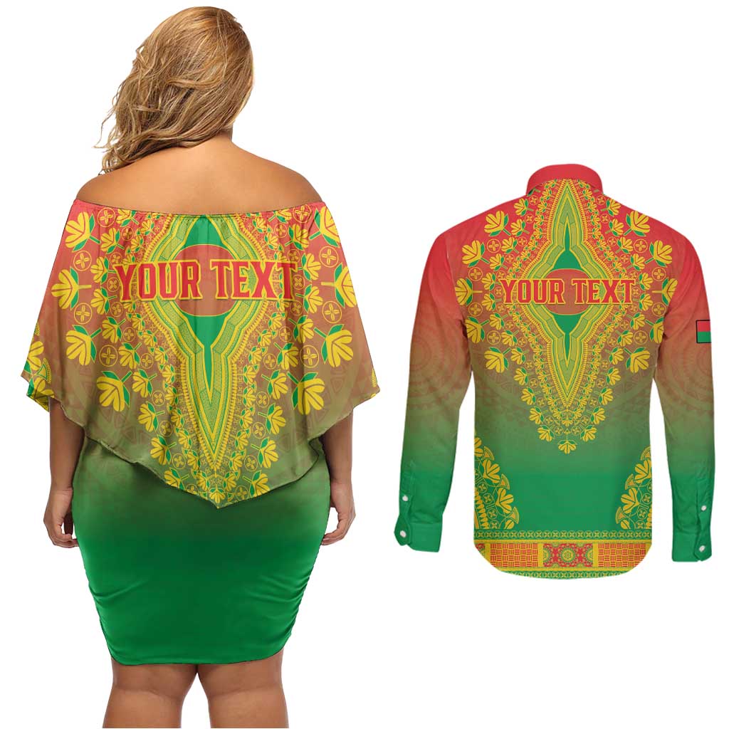 Personalized Burkina Faso African Dashiki Couples Matching Off Shoulder Short Dress and Long Sleeve Button Shirt - Wonder Print Shop