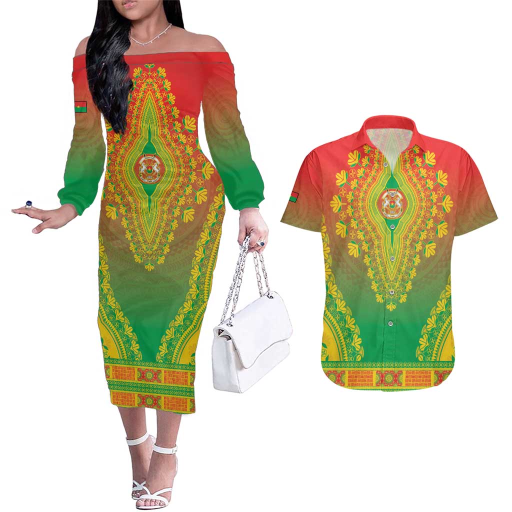 Personalized Burkina Faso African Dashiki Couples Matching Off The Shoulder Long Sleeve Dress and Hawaiian Shirt - Wonder Print Shop
