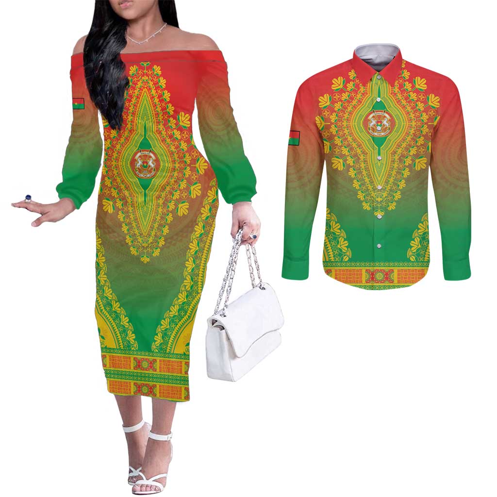 Personalized Burkina Faso African Dashiki Couples Matching Off The Shoulder Long Sleeve Dress and Long Sleeve Button Shirt - Wonder Print Shop