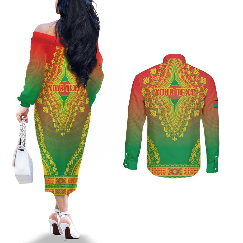 Personalized Burkina Faso African Dashiki Couples Matching Off The Shoulder Long Sleeve Dress and Long Sleeve Button Shirt - Wonder Print Shop