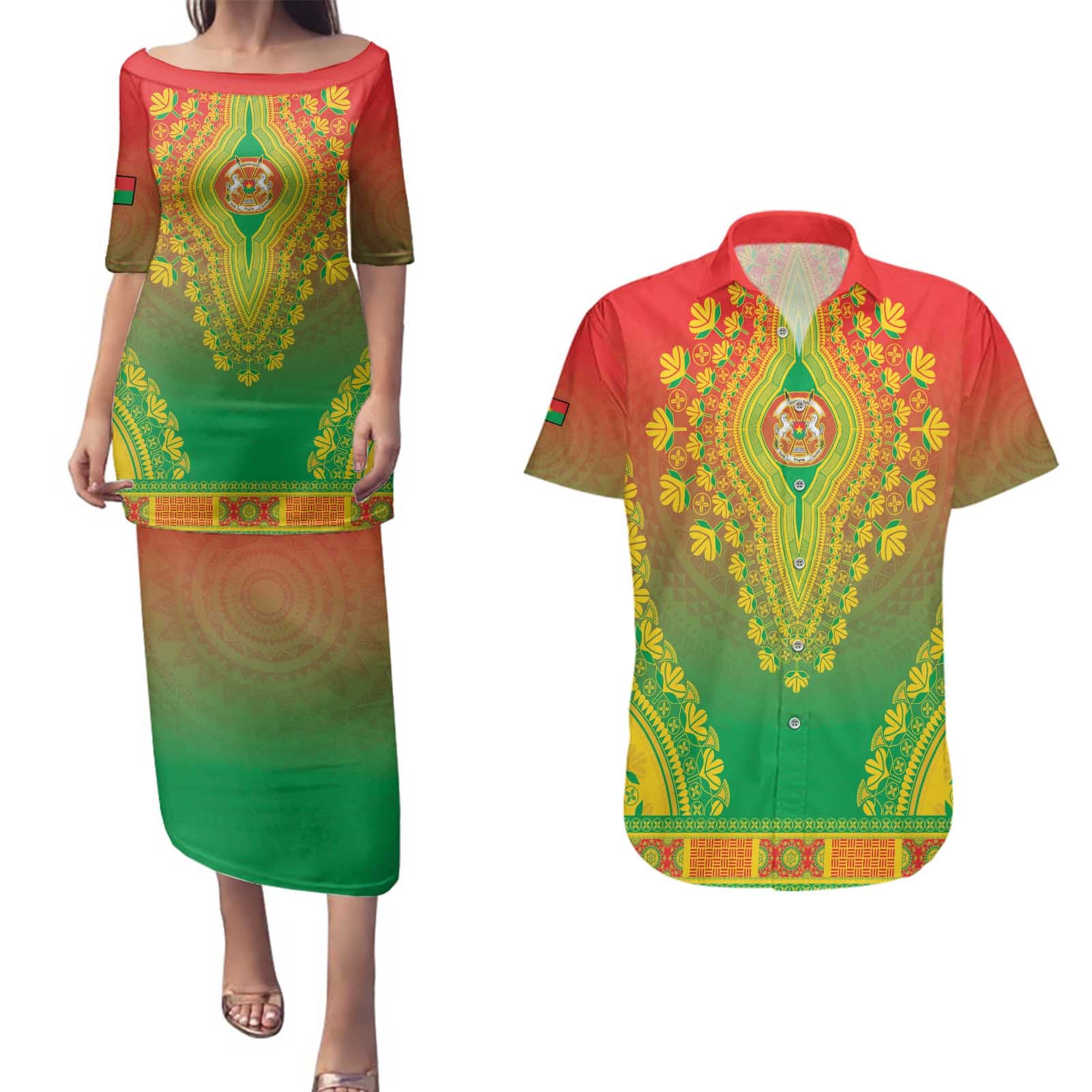 Personalized Burkina Faso African Dashiki Couples Matching Puletasi and Hawaiian Shirt - Wonder Print Shop