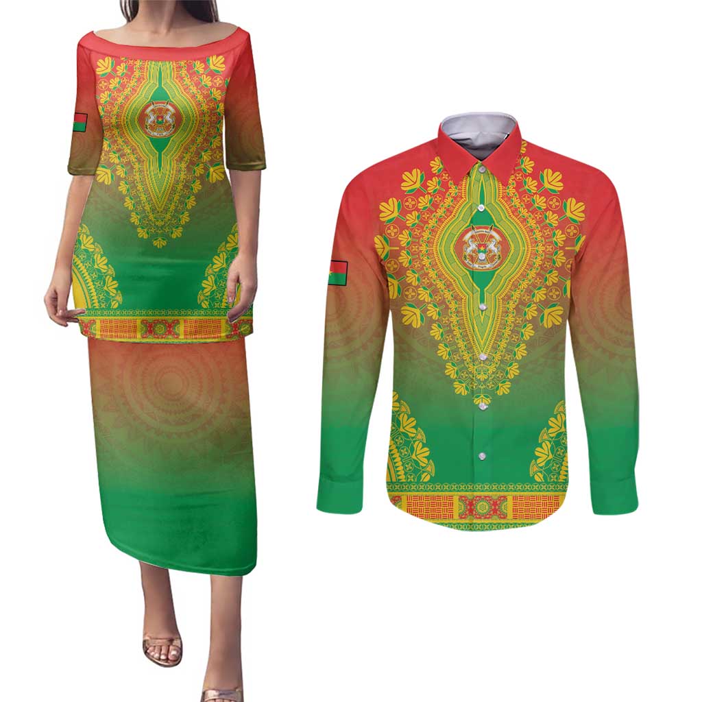 Personalized Burkina Faso African Dashiki Couples Matching Puletasi and Long Sleeve Button Shirt - Wonder Print Shop