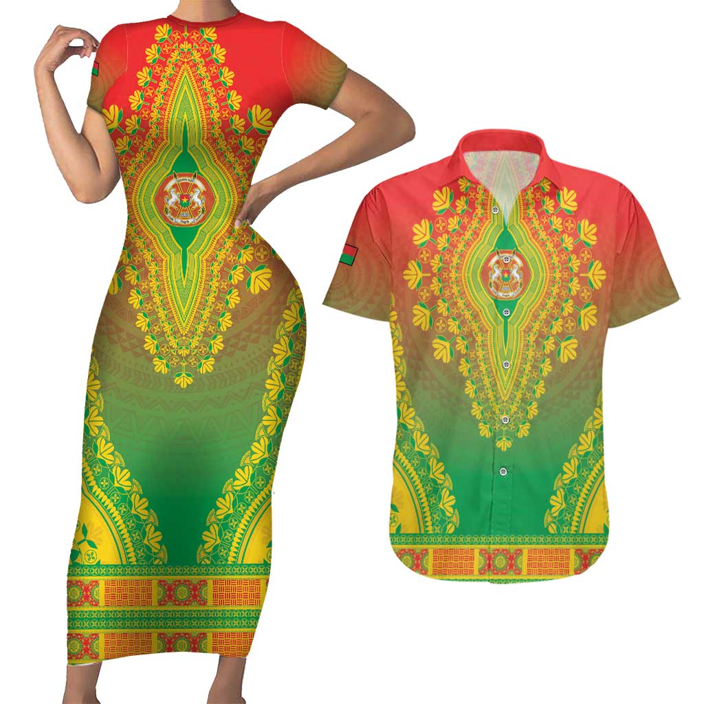 Personalized Burkina Faso African Dashiki Couples Matching Short Sleeve Bodycon Dress and Hawaiian Shirt - Wonder Print Shop