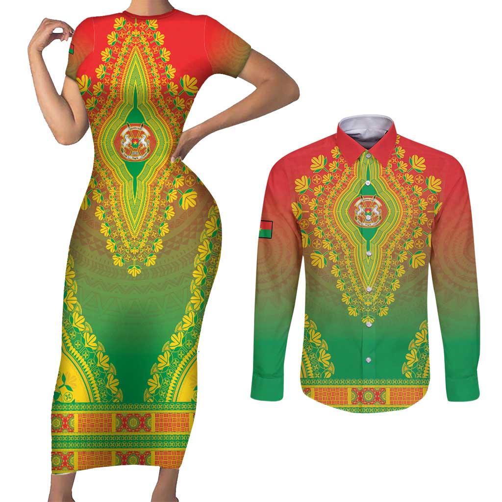 Personalized Burkina Faso African Dashiki Couples Matching Short Sleeve Bodycon Dress and Long Sleeve Button Shirt - Wonder Print Shop