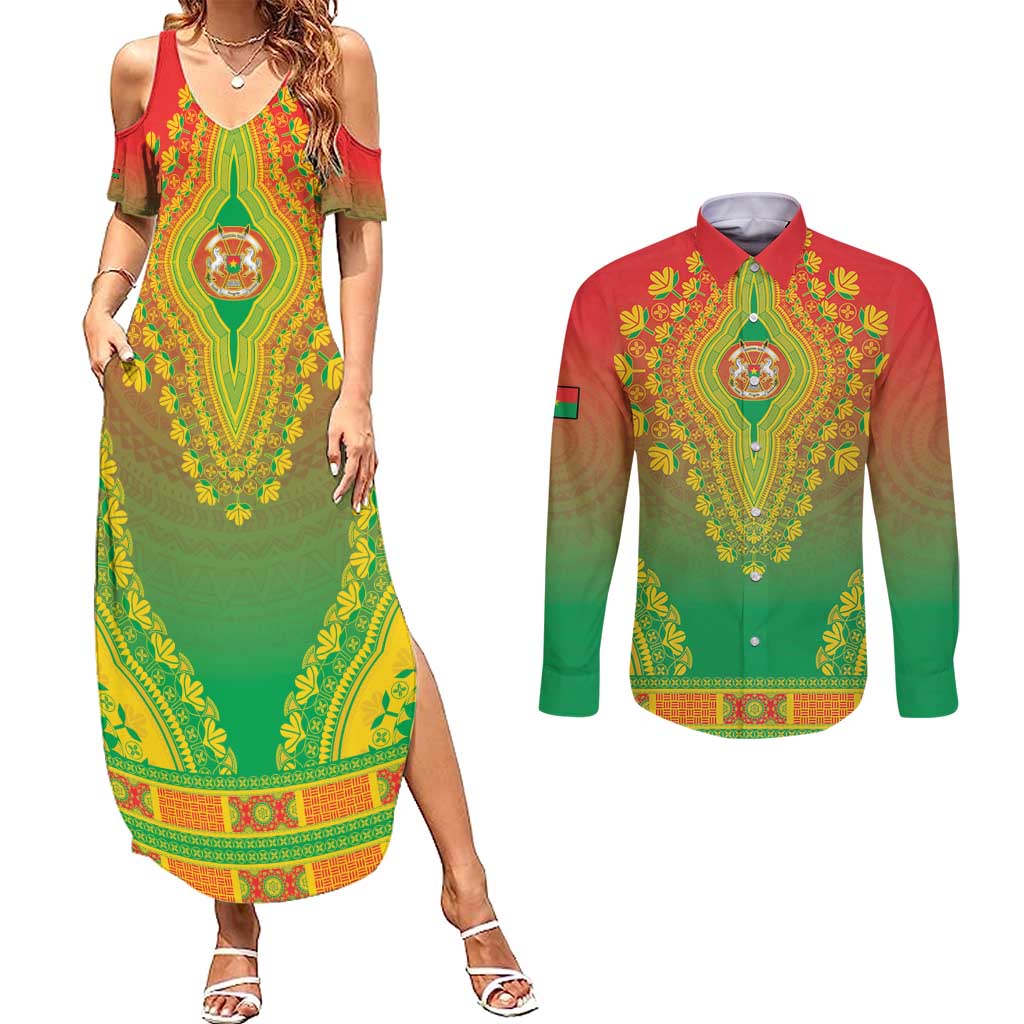 Personalized Burkina Faso African Dashiki Couples Matching Summer Maxi Dress and Long Sleeve Button Shirt - Wonder Print Shop