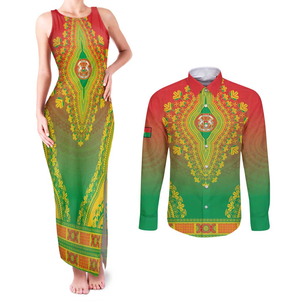 Personalized Burkina Faso African Dashiki Couples Matching Tank Maxi Dress and Long Sleeve Button Shirt - Wonder Print Shop