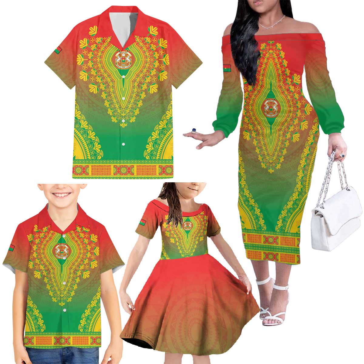 Personalized Burkina Faso African Dashiki Family Matching Off The Shoulder Long Sleeve Dress and Hawaiian Shirt - Wonder Print Shop