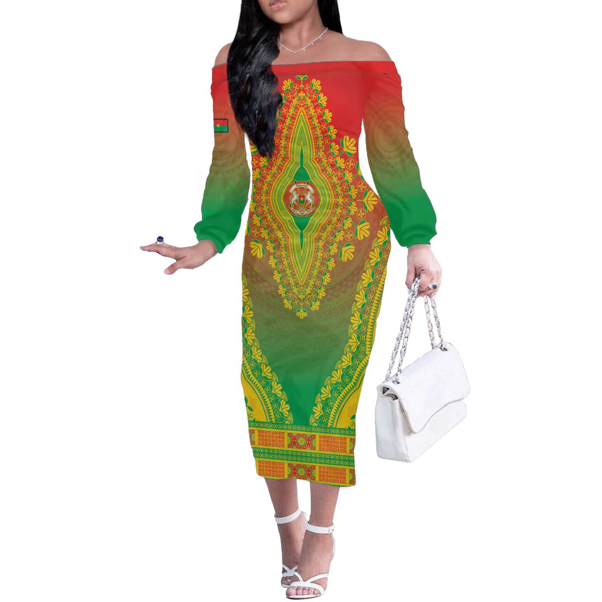 Personalized Burkina Faso African Dashiki Off The Shoulder Long Sleeve Dress - Wonder Print Shop