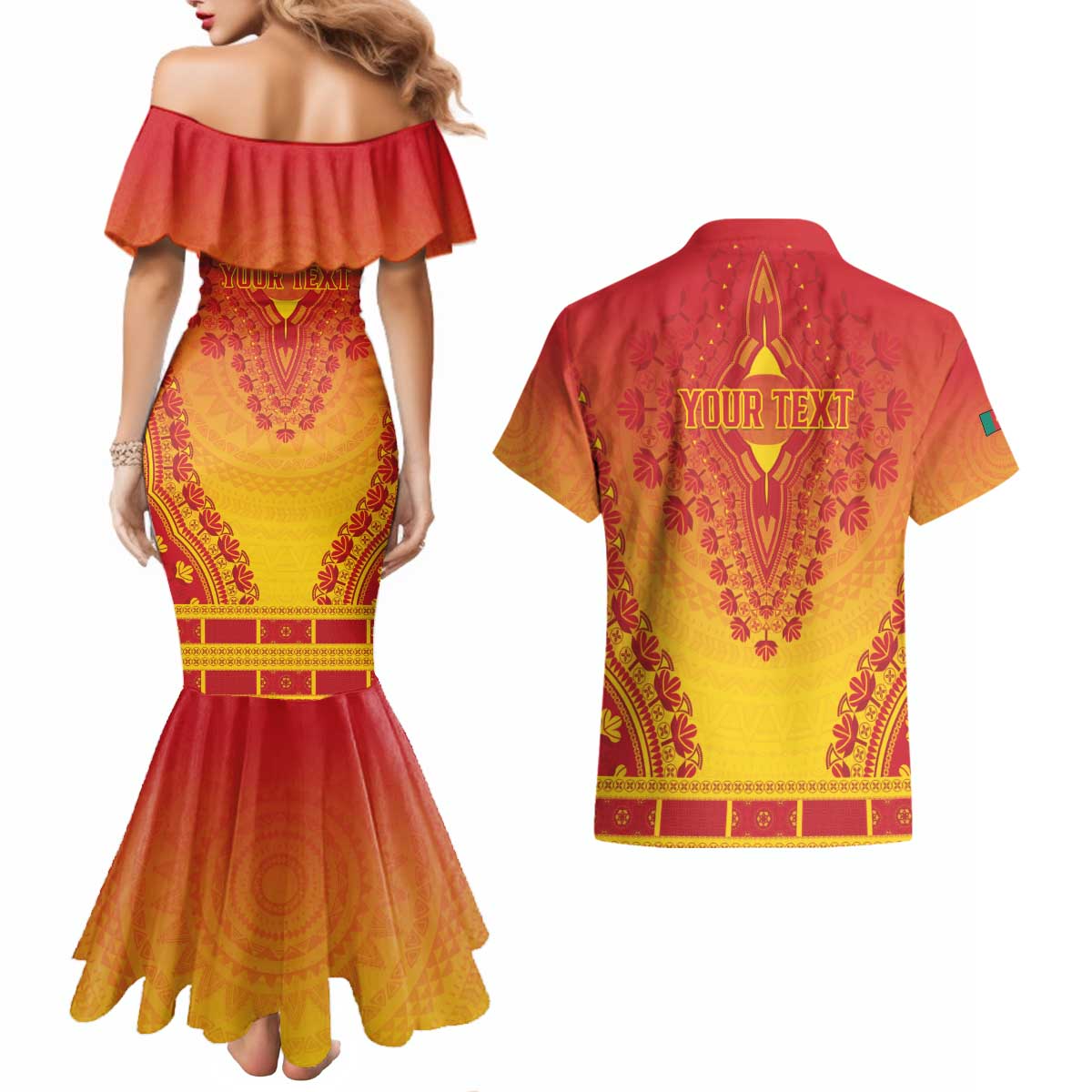 Personalized Cameroon African Dashiki Couples Matching Mermaid Dress and Hawaiian Shirt - Wonder Print Shop