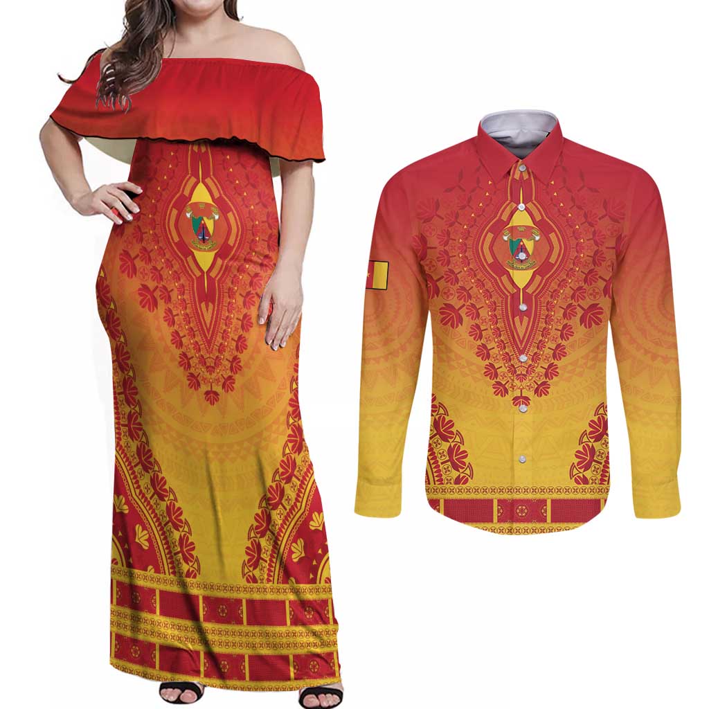 Personalized Cameroon African Dashiki Couples Matching Off Shoulder Maxi Dress and Long Sleeve Button Shirt - Wonder Print Shop